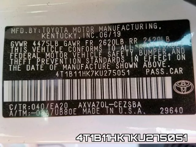 4T1B11HK7KU275051 фото 2