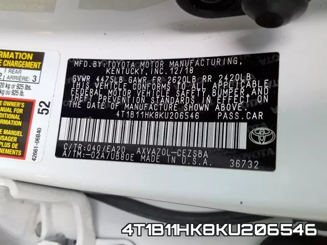 4T1B11HK8KU206546 фото 2