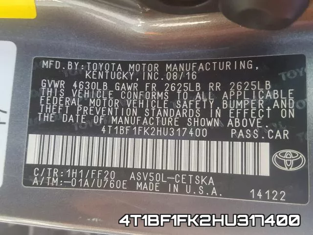 4T1BF1FK2HU317400 фото 2