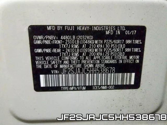 JF2SJAJC5HH538678 фото 2