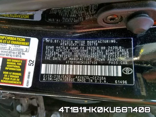 4T1B11HK0KU687408 фото 2