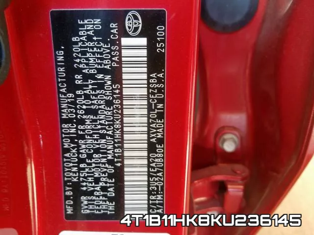 4T1B11HK8KU236145 фото 2