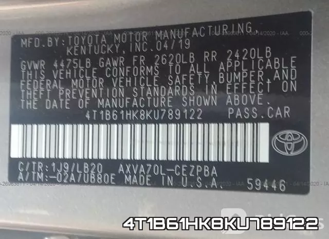 4T1B61HK8KU789122 фото 10
