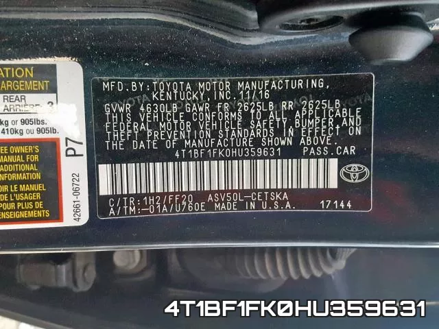 4T1BF1FK0HU359631 фото 2