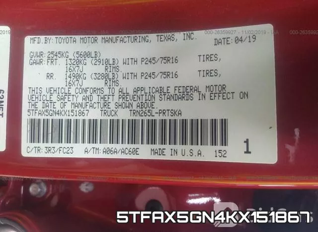 5TFAX5GN4KX151867 фото 10