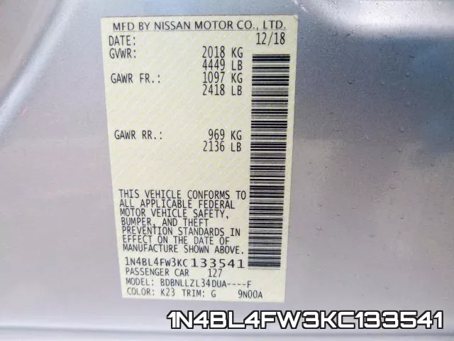 1N4BL4FW3KC133541 фото 2