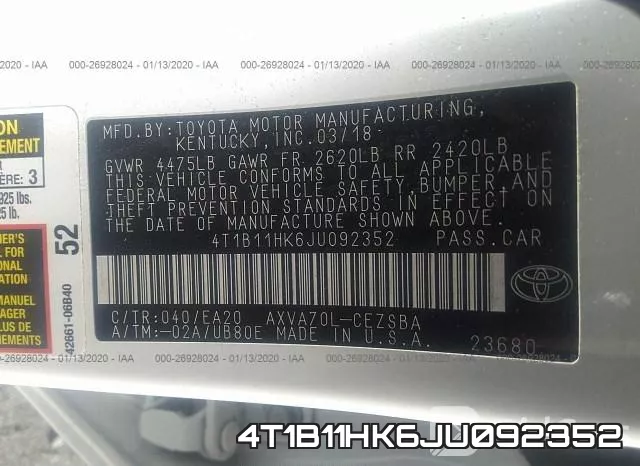 4T1B11HK6JU092352 фото 10