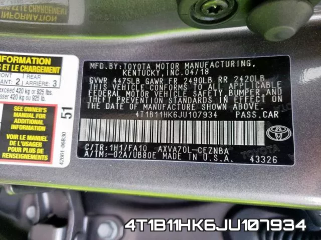 4T1B11HK6JU107934 фото 2