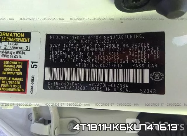 4T1B11HK6KU747613 фото 10