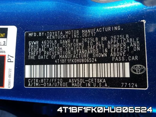 4T1BF1FK0HU806524 фото 2