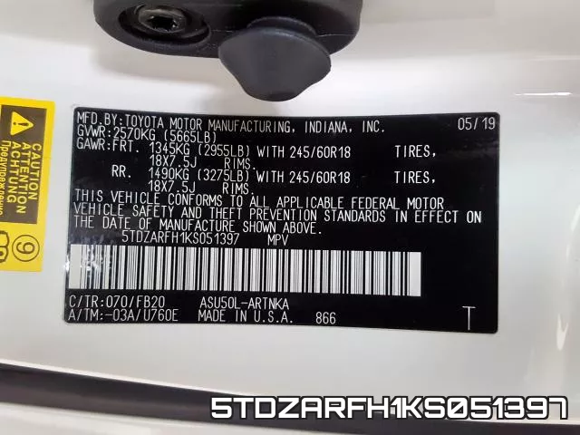 5TDZARFH1KS051397 фото 2