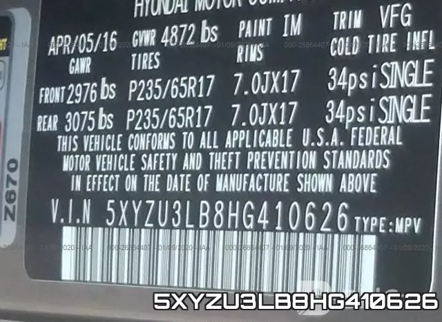 5XYZU3LB8HG410626 фото 10