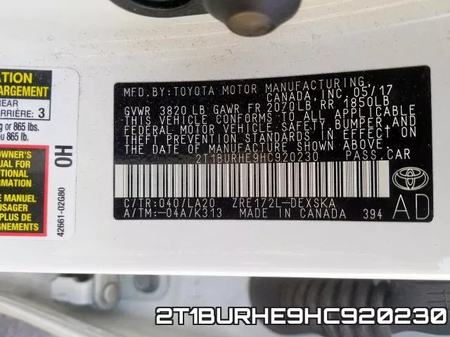 2T1BURHE9HC920230 фото 2