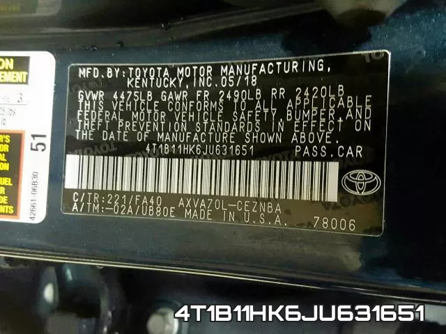 4T1B11HK6JU631651 фото 2