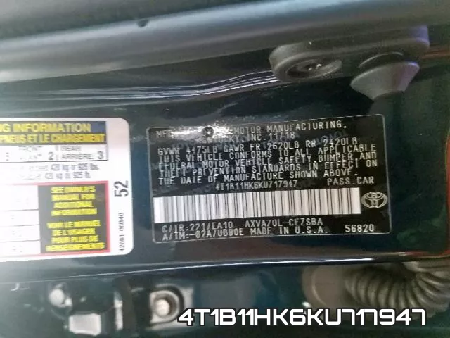 4T1B11HK6KU717947 фото 2