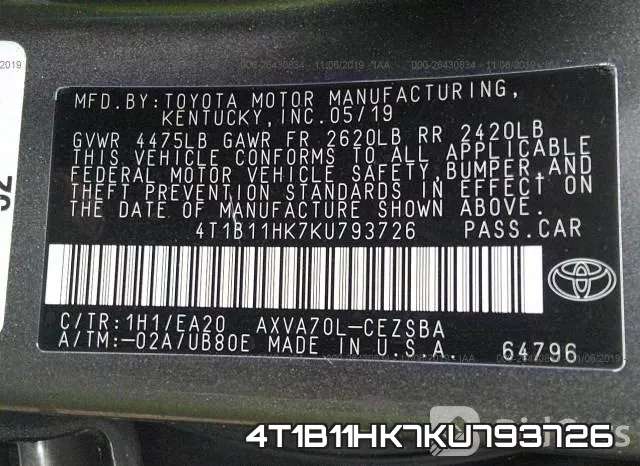 4T1B11HK7KU793726 фото 10