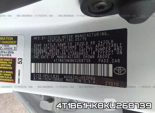 4T1B61HK8KU268739 фото 10