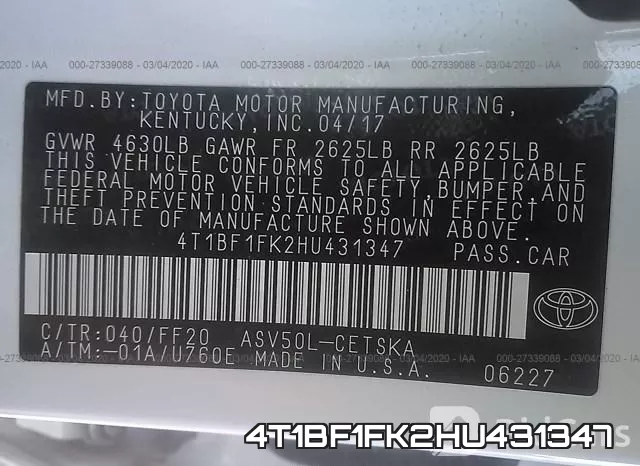 4T1BF1FK2HU431347 фото 10