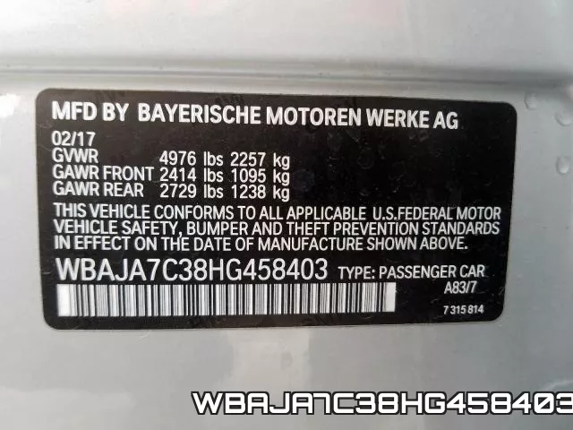 WBAJA7C38HG458403 фото 2