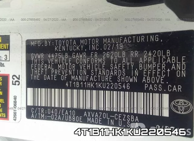 4T1B11HK1KU220546 фото 10