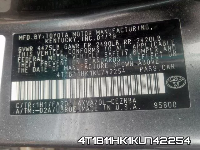 4T1B11HK1KU742254 фото 2