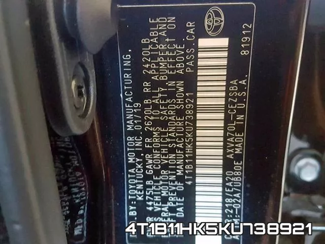 4T1B11HK5KU738921 фото 2