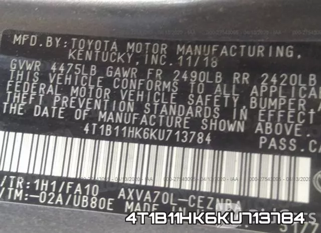 4T1B11HK6KU713784 фото 10