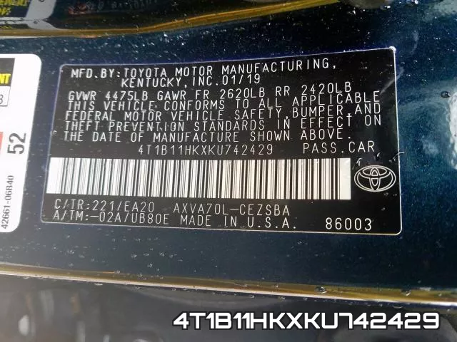 4T1B11HKXKU742429 фото 2