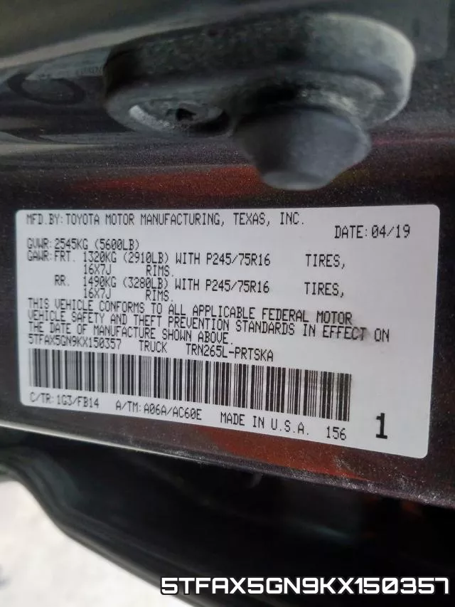5TFAX5GN9KX150357 фото 2