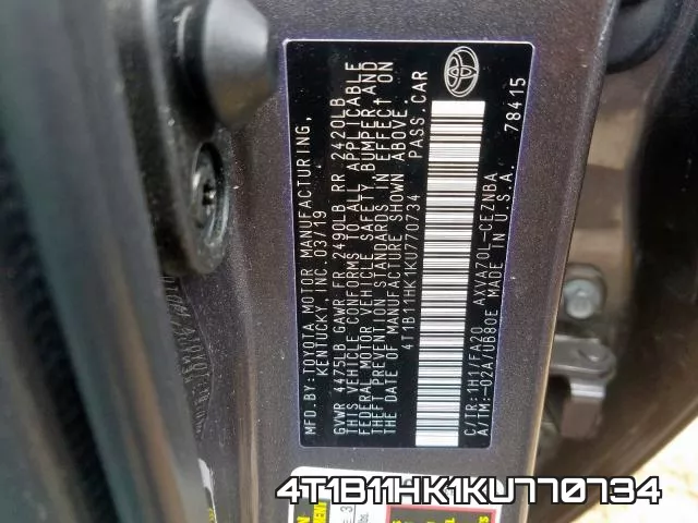4T1B11HK1KU770734 фото 2
