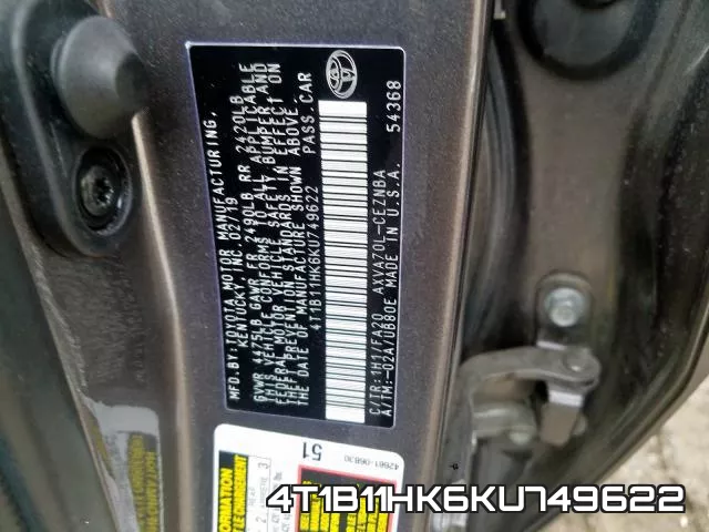 4T1B11HK6KU749622 фото 2