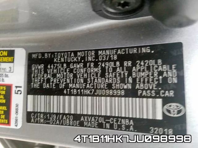 4T1B11HK7JU098998 фото 2