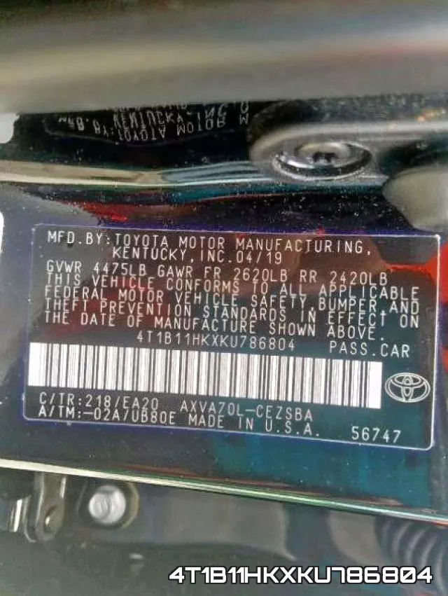 4T1B11HKXKU786804 фото 2
