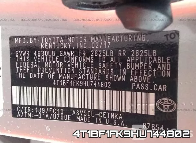 4T1BF1FK9HU744802 фото 10
