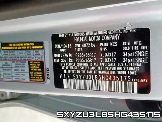 5XYZU3LB5HG435175 фото 2
