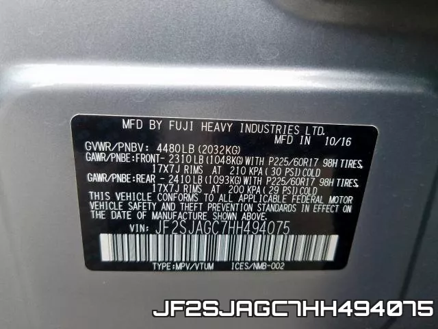 JF2SJAGC7HH494075 фото 2