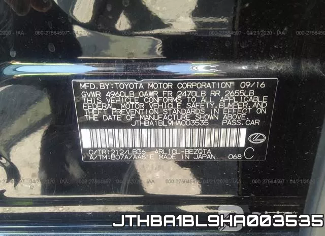 JTHBA1BL9HA003535 фото 10