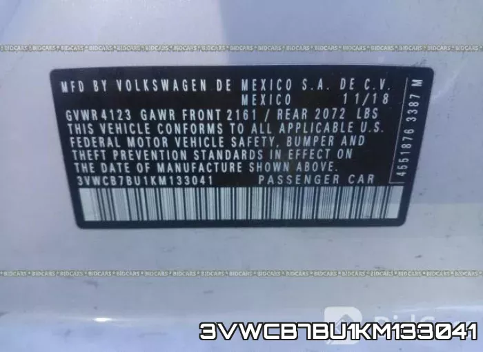 3VWCB7BU1KM133041 фото 10