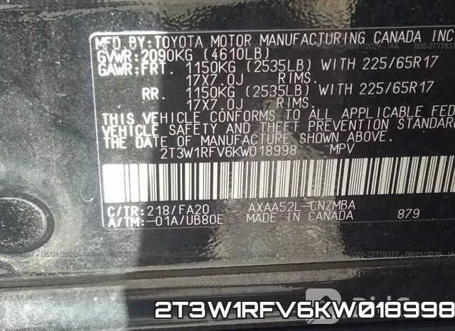 2T3W1RFV6KW018998 фото 10