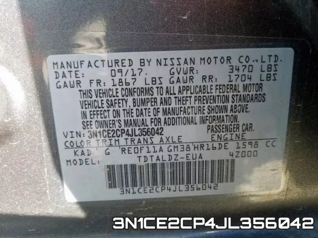 3N1CE2CP4JL356042 фото 2