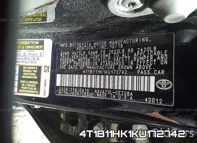 4T1B11HK1KU172742 фото 10