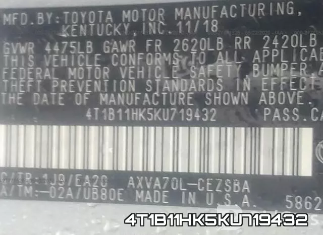4T1B11HK5KU719432 фото 10