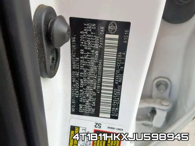 4T1B11HKXJU598945 фото 2