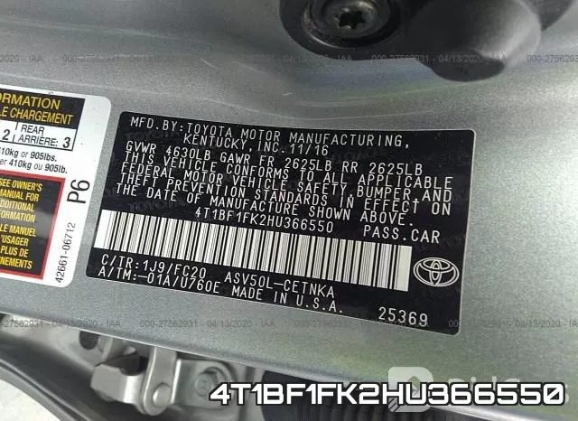 4T1BF1FK2HU366550 фото 10