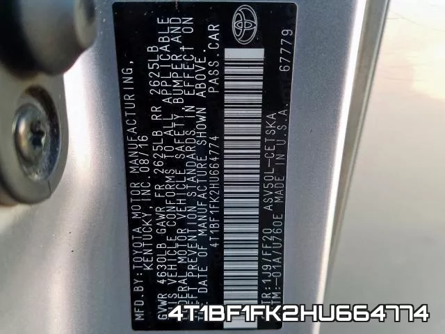 4T1BF1FK2HU664774 фото 2