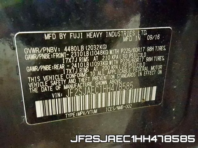 JF2SJAEC1HH478585 фото 2