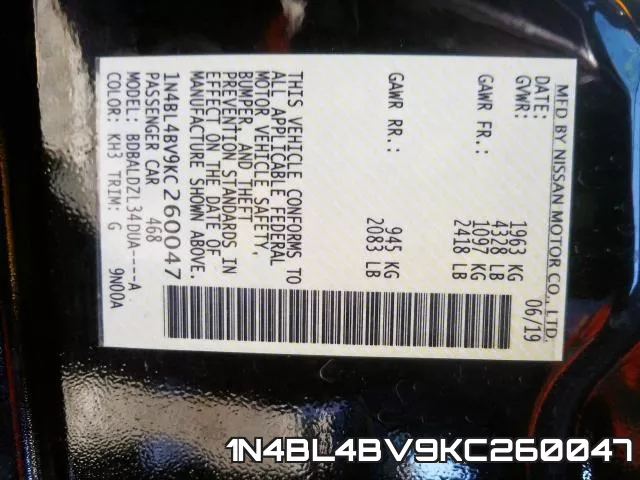 1N4BL4BV9KC260047 фото 2