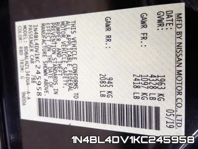 1N4BL4DV1KC245958 фото 2