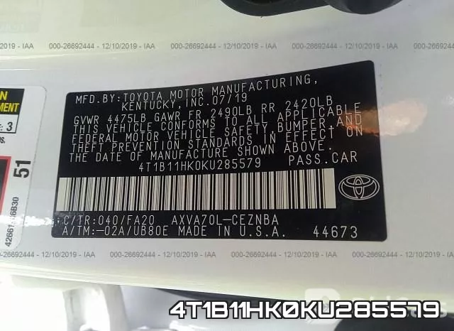 4T1B11HK0KU285579 фото 10