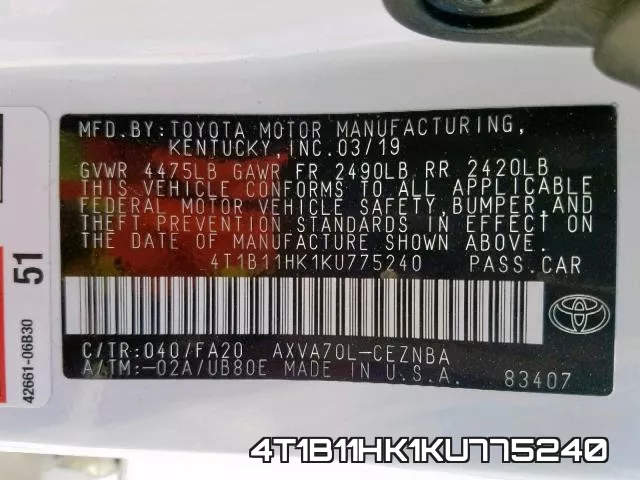4T1B11HK1KU775240 фото 2